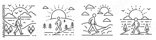 Line art illustrations depicting a person walking in nature at sunrise