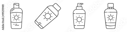 Various bottles with sun illustrations depict sun protection products in line art