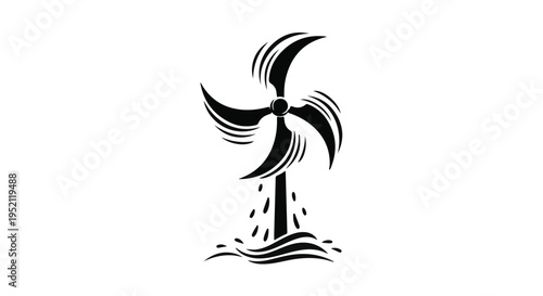 Stylized illustration of a water turbine generating clean energy from flowing water.