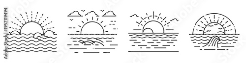 Line art illustration of sunsets over the ocean with simple waves
