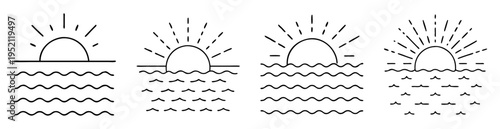 Four variations of sunrise or sunset over ocean waves minimalist design