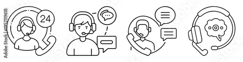 Line art illustration depicting customer support and service concept with operators