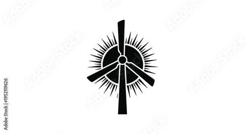Wind turbine silhouette against a bright sun, symbolizing clean renewable energy.