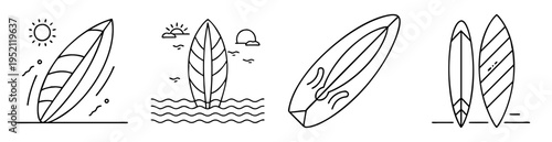 Minimalist line drawing style illustration of surfboards in different ocean scene