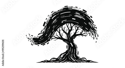 Stylized tree with abstract black brushstroke canopy against white background