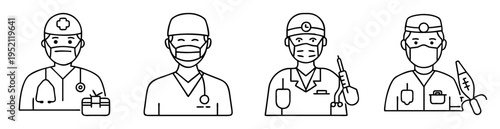 Collection of healthcare professionals in different roles and medical specialties icons