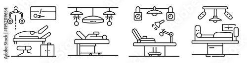 Line art illustration showcasing four medical examination and operating room setups