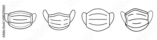 Four different styles of protective face masks with ear loops line art