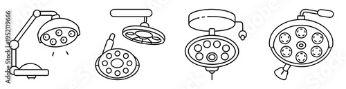 Assortment of Surgical Operating Lights in Simple Black and White Outline Style