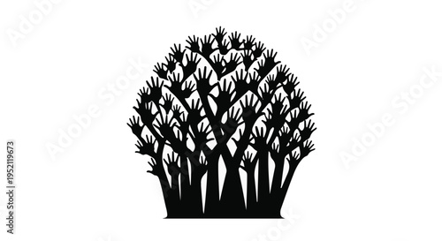 Silhouette of a tree formed by many raised hands, symbolizing community and growth.