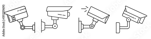 Outline illustration depicting four different security cameras mounted to wall brackets