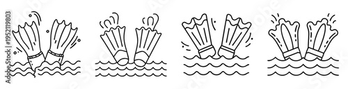 Collection of four monochrome illustrations featuring diving fins in water waves