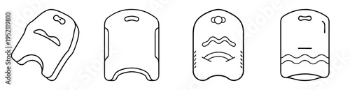 Collection of four different shaped and designed swim kickboards in outline