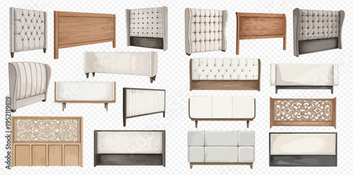 Collection of various bed headboards, including upholstered, wooden, and decorative designs, isolated on a transparent background.