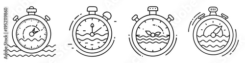 Four black and white stopwatch icons featuring different representations of swimming
