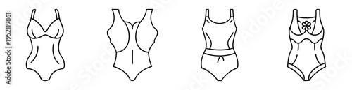 Line art illustration featuring four unique and stylish onepiece swimsuits