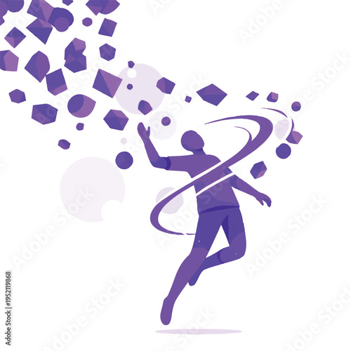 Abstract person silhouette surrounded by flowing purple geometric shapes, representing data, innovation, digital transformation, and creative ideas.