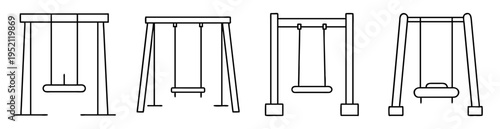 Four different outline designs of playground swing sets in a row