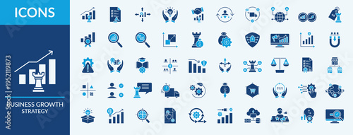 Business growth strategy icon set. Thin Flat blue Set contains such Icons as continuous improvement, supply chain optimization, digital marketing and more. Simple web icons set