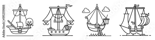Four outlined cartoon ships each with its own unique theme and style