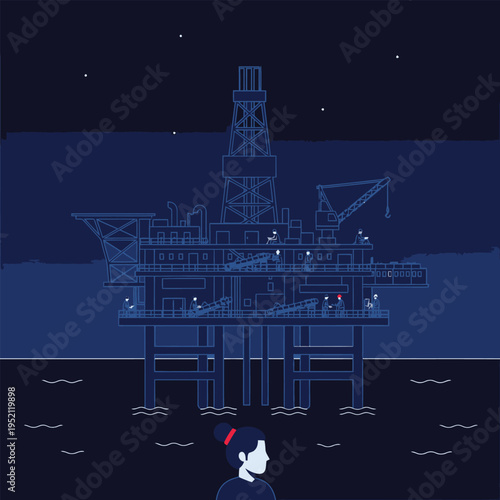 Silhouette of a woman standing in front of an oil rig at night.
