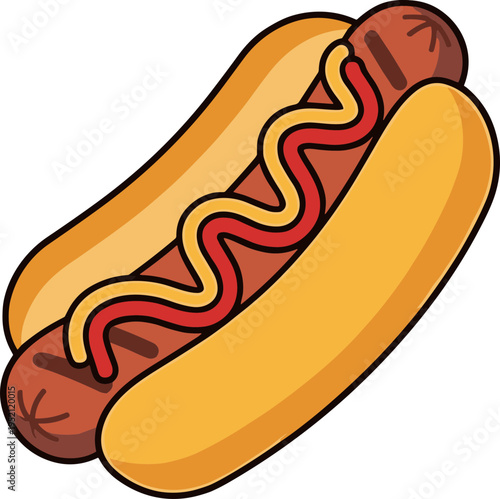 A cartoon hot dog with ketchup and mustard on a bun is served.