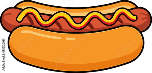 A cartoon hot dog with ketchup and mustard on a bun sits on a plate