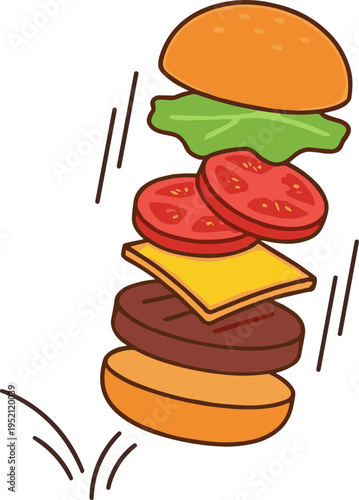 A mouthwatering burger with bun, lettuce, tomato, cheese, and patty flying through the air.