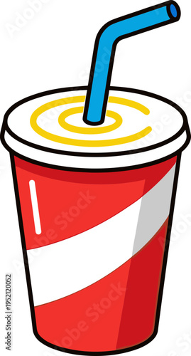 A cartoon illustration of a cold soda drink with straw and lid on a table indoors.
