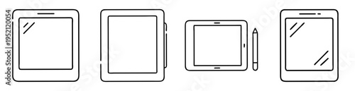 Line art illustration showing four digital tablets with blank screen displays