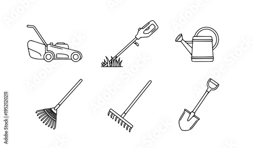 Garden tools and lawn mower line art icons editable stroke vector Lawn mower and garden equipment line icons editable stroke vector illustration set