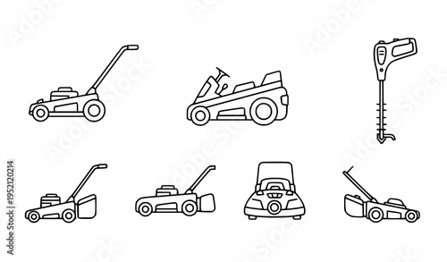 Garden tools and lawn mower line art Garden lawn mower icons set with push ride robotic mowers line vector illustration editable stroke vector illustration