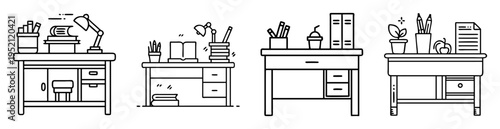 Illustration of four different study tables with books, desk lamps, and decorations
