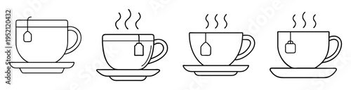 Four cups of tea illustration with a classic line drawing style