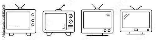 Set of four line art retro television sets with antennas and knobs