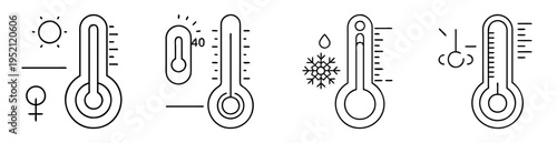 Four different weather condition thermometers showing hot, normal, cold and freezing weather