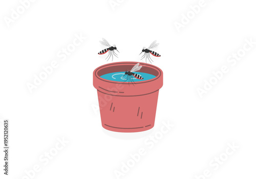 Mosquitoes over water container, breeding concept vector isolated on white background