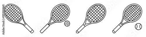 Four tennis rackets and two tennis balls illustrated in simple black line art