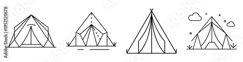 Four stylized teepee or tent illustrations in line art format camping