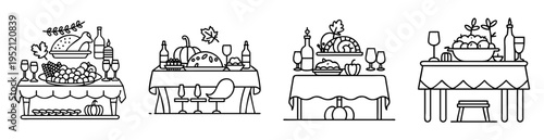 Line art illustration depicting festive Thanksgiving dinner tables ready to celebrate