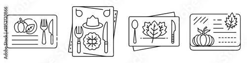 Elegant Thanksgiving place setting cards with pumpkins, leaves, and silverware