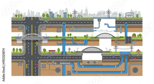 Cross section of urban infrastructure showing roads and underground utilities.