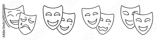 Outlined Drawing of a Group of Comedy and Tragedy Theatrical Masks