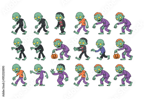 Multiple cartoon zombie characters in different poses with tattered clothing and orange brain exposure