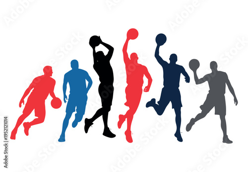 Several basketball player silhouettes in red, blue, and black jumping and dribbling on a white background