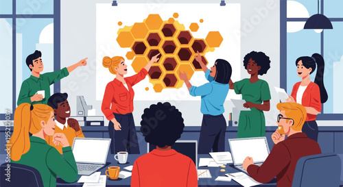 Multicultural business team collaborating on a strategic project, analyzing a honeycomb structure representing network and teamwork in a modern office.