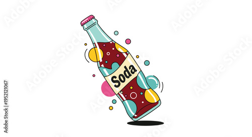 Refreshing glass bottle of dark soda with colorful bubbles and geometric patterns against a white background.