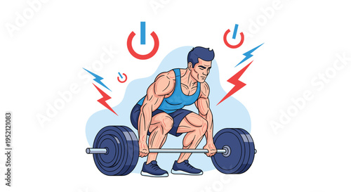 Muscular man performing a heavy barbell deadlift with power on and lightning bolt symbols in the background.