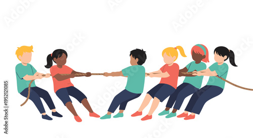 Group of diverse boys and girls engaged in a competitive and fun game of tug of war on white.