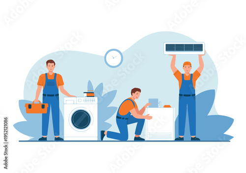 Professional technicians repair and install home appliances like washing machines and air conditioners